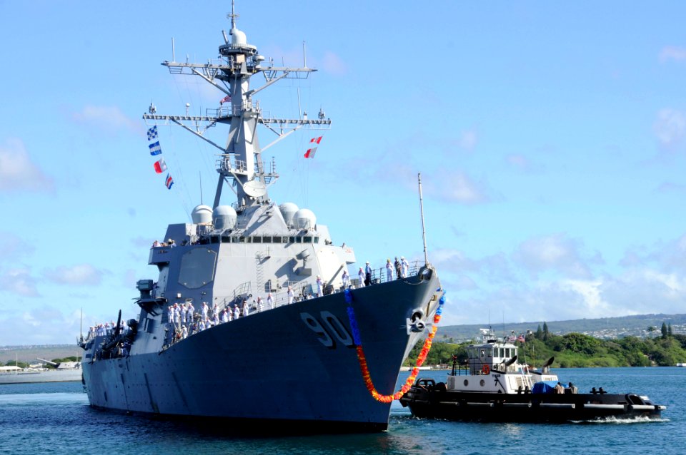 US Navy 090824-N-7498L-020 Sailors man the rails as the guided-missile destroyer USS Chafee (DDG 90) returns to Naval Station Pearl Harbor after a seven-month deployment to the western Pacific Ocean