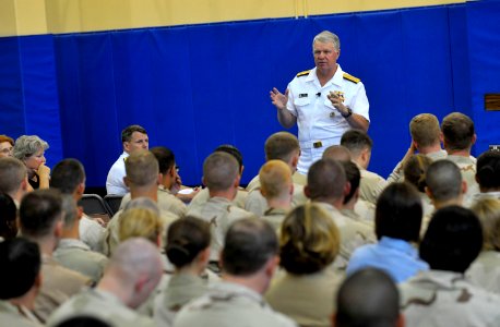 US Navy 090823-N-8273J-115 Chief of Naval Operations (CNO) Adm. Gary Roughead speaks with and answers questions from Sailors during an all-hands call while visiting Navy Forces Central Command (NAVCENT) in Manama, Bahrain