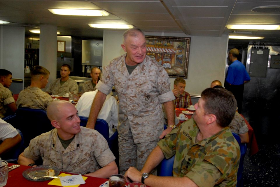 US Navy 090828-N-3592S-126 Lt. Gen. Dennis Hejlik, commanding general of the 2nd Marine Expeditionary Force, speaks with Australian Army Brig. Gen. (Sel.) Fergus McLachlan