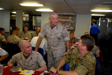 US Navy 090828-N-3592S-126 Lt. Gen. Dennis Hejlik, commanding general of the 2nd Marine Expeditionary Force, speaks with Australian Army Brig. Gen. (Sel.) Fergus McLachlan