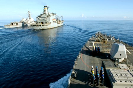 US Navy 090823-N-9123L-018 The guided-missile destroyer USS McCampbell (DDG 85) approaches the Military Sealift Command fleet replenishment oiler USNS Pecos (T-AO-197)