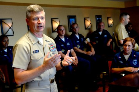 US Navy 090827-N-9818V-036 Master Chief Petty Officer of the Navy (MCPON) Rick West speaks with the crew of the USS Constitution before attending a heritage training formal dinner, for the chief petty officer selects