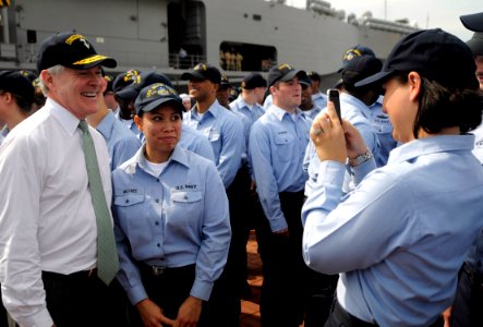 US Navy 090829-N-7280V-371 Secretary of the Navy (SECNAV) the Honorable Ray Mabus poses for a photo with Sailors during an all-hands call following a tour of the amphibious command ship USS Blue Ridge (LCC 19)