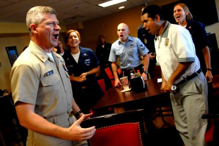 US Navy 090827-N-9818V-089 Master Chief Petty Officer of the Navy (MCPON) Rick West wraps up a all hands call with the crew of the USS Constitution with a MCPON