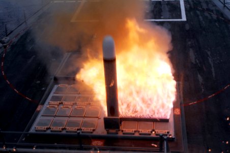 US Navy 090825-N-1522S-020 A Tactical Tomahawk Cruise Missile launches from the forward missile deck aboard the guided-missile destroyer USS Farragut (DDG 99) during a training exercise
