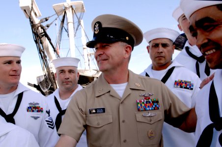 US Navy 090827-N-9818V-196 Master Chief Petty Officer of the Navy (MCPON) Rick West speaks with chief petty officer selects before a heritage training formal dinner aboard the USS Constitution