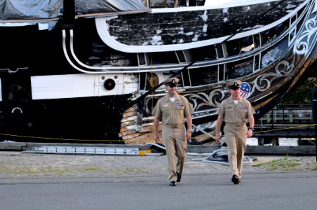 US Navy 090827-N-9818V-693 Master Chief Petty Officer of the Navy (MCPON) Rick West walks with Command Senior Chief David Twiford in front of the USS Constitution