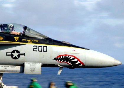 US Navy 090902-N-2013O-025 An F-A-18E Super Hornet from the Royal Maces of Strike Fighter Squadron (VFA) 27 launches during the disembarking of Carrier Air Wing (CVW) 5 aboard the aircraft carrier USS George Washington (CVN 73)