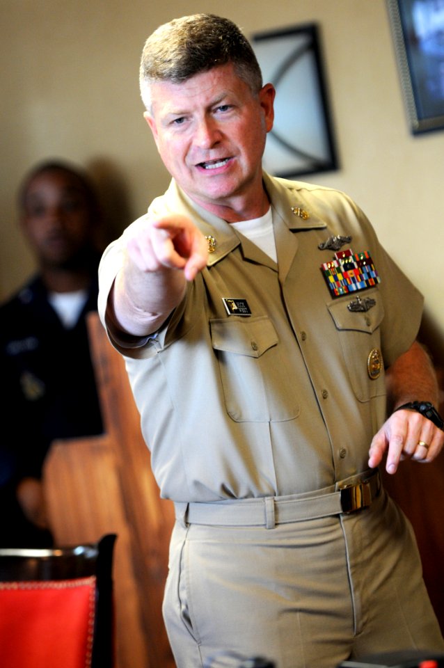 US Navy 090827-N-9818V-075 Master Chief Petty Officer of the Navy (MCPON) Rick West takes questions from the crew of the USS Constitution before attending a heritage training formal dinner, for the chief petty officer selects
