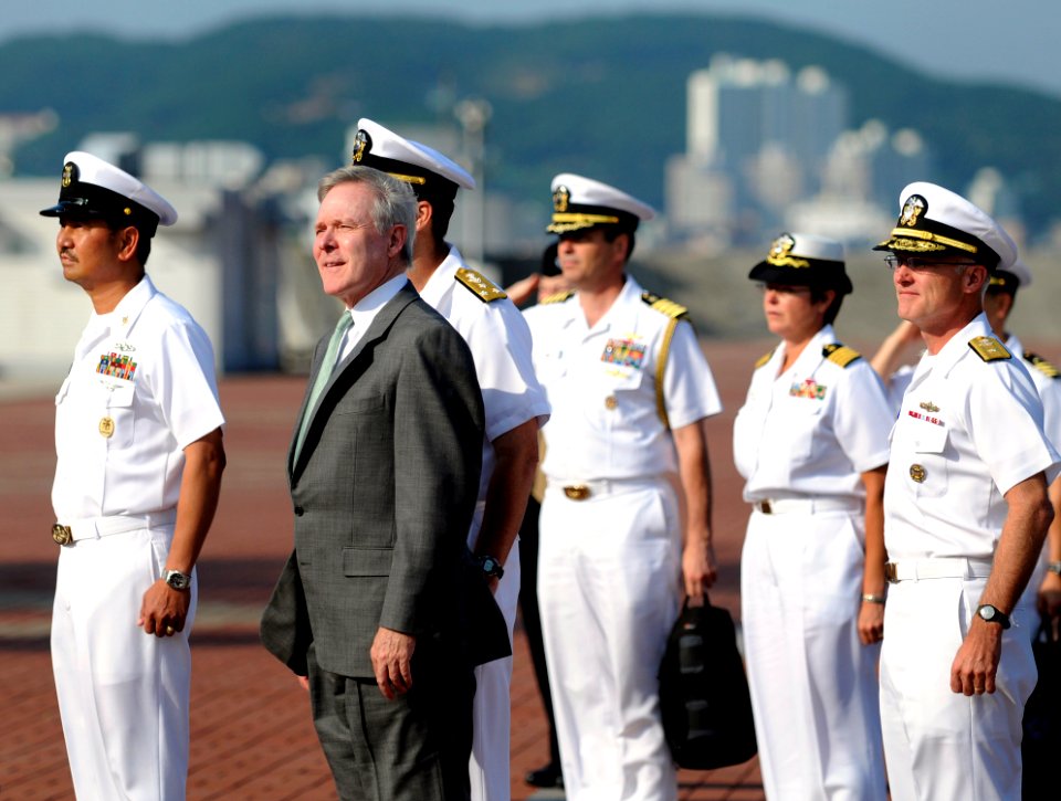 US Navy 090829-N-7280V-360 Secretary of the Navy (SECNAV), the Honorable Ray Mabus, arrives at Busan Naval Base in the Republic of Korea for a tour of the amphibious command ship USS Blue Ridge (LCC 19)