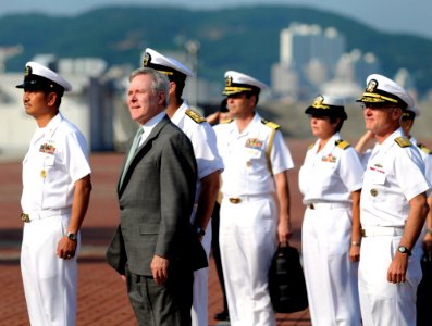 US Navy 090829-N-7280V-360 Secretary of the Navy (SECNAV), the Honorable Ray Mabus, arrives at Busan Naval Base in the Republic of Korea for a tour of the amphibious command ship USS Blue Ridge (LCC 19)