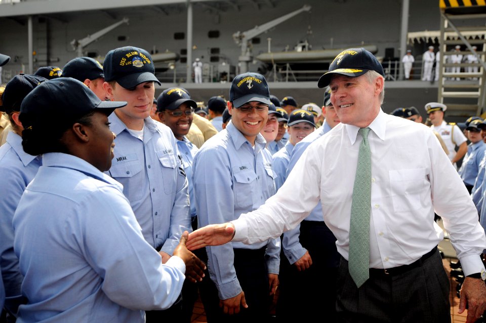 US Navy 090829-N-7280V-370 Secretary of the Navy (SECNAV) the Honorable Ray Mabus greets Sailors during an all-hands call following a tour of the amphibious command ship USS Blue Ridge (LCC 19)