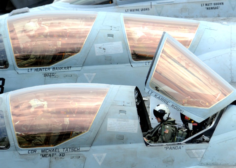 US Navy 090828-N-1644H-061 EA-6B Prowler aircrew from the Gauntlets of Electronic Attack Squadron (VAQ) 136, commence start-up procedures on the flight deck aboard the aircraft carrier USS George Washington (CVN 73)