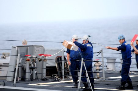 US Navy 090906-N-9132C-349 Sailors aboard the Arleigh Burke-class guided-missile destroyer USS Gridley (DDG 101) reel in a box during a fueling at sea with the aircraft carrier USS Ronald Reagan (CVN 76)