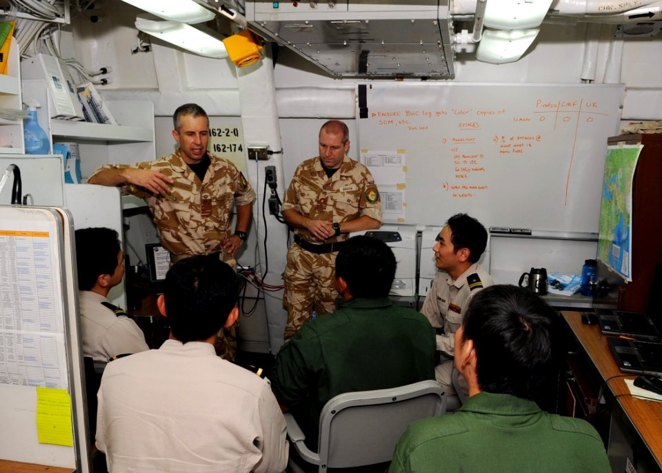 US Navy 090905-N-6814F-016 Royal Navy Capt. Keith Blount, chief of staff of Combined Task Force 151, addresses officers from the Japan Maritime Self-Defense Force destroyer JS Harusame (DD 102) aboard the guided-missile cruiser
