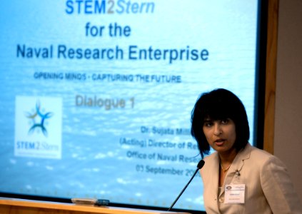 US Navy 090903-N-7676W-012 Dr. Sujata Millick, acting director of research, welcomes participants to the Office of Naval Research STEM2Stern forum, the first in a series of dialogues among key stakeholders from the Naval Resear