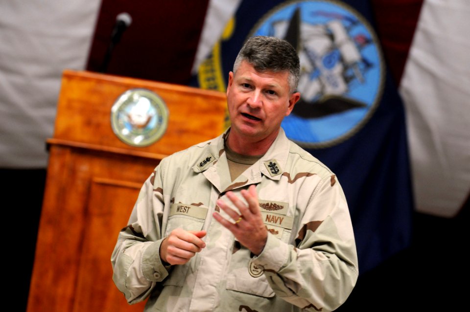 US Navy 090907-N-9818V-273 Master Chief Petty Officer of the Navy (MCPON) Rick West holds an all-hands call at the Al Faw Palace with Sailors deployed in Baghdad