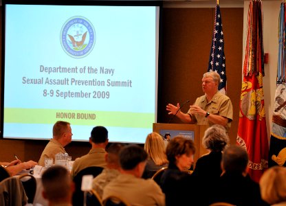 US Navy 090908-N-8273J-019 Chief of Naval Operations (CNO) Adm. Gary Roughead delivers remarks during the Department of the Navy Sexual Assault Prevention Summit in Washington D.C