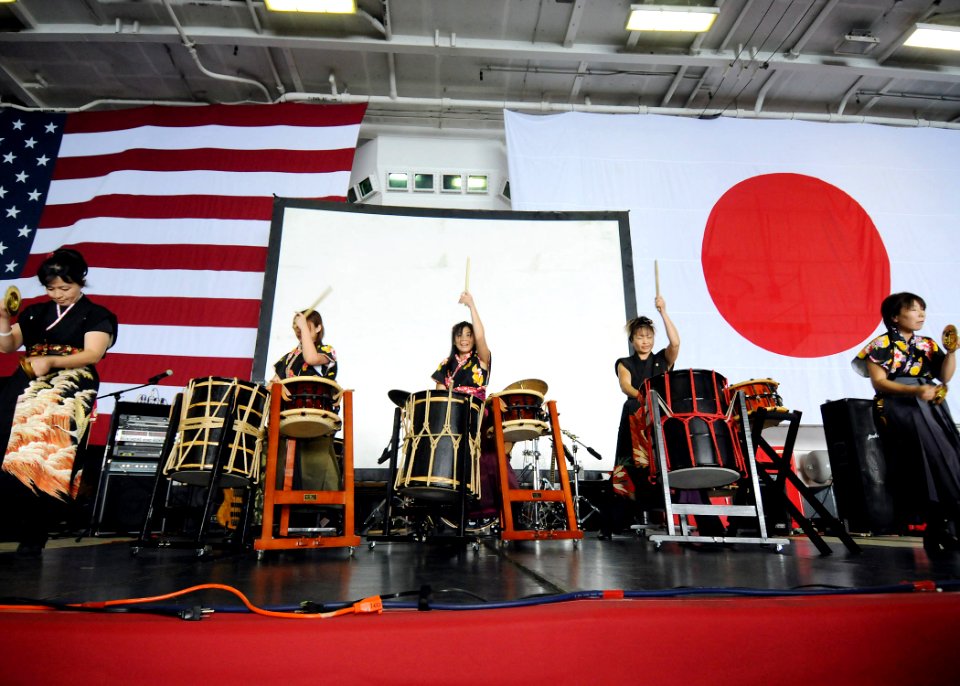 US Navy 090905-N-1062H-223 Taiko drummers from Yokosuka, Japan perform during a family and guest cruise aboard the aircraft carrier USS George Washington (CVN 73)