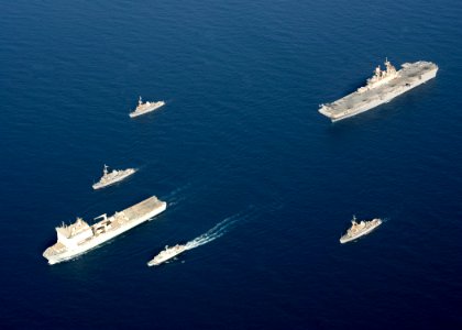 US Navy 090905-N-3165S-631 The Royal Navy fleet auxiliary ship Lyme Bay (L 3007) leads a formation of ships