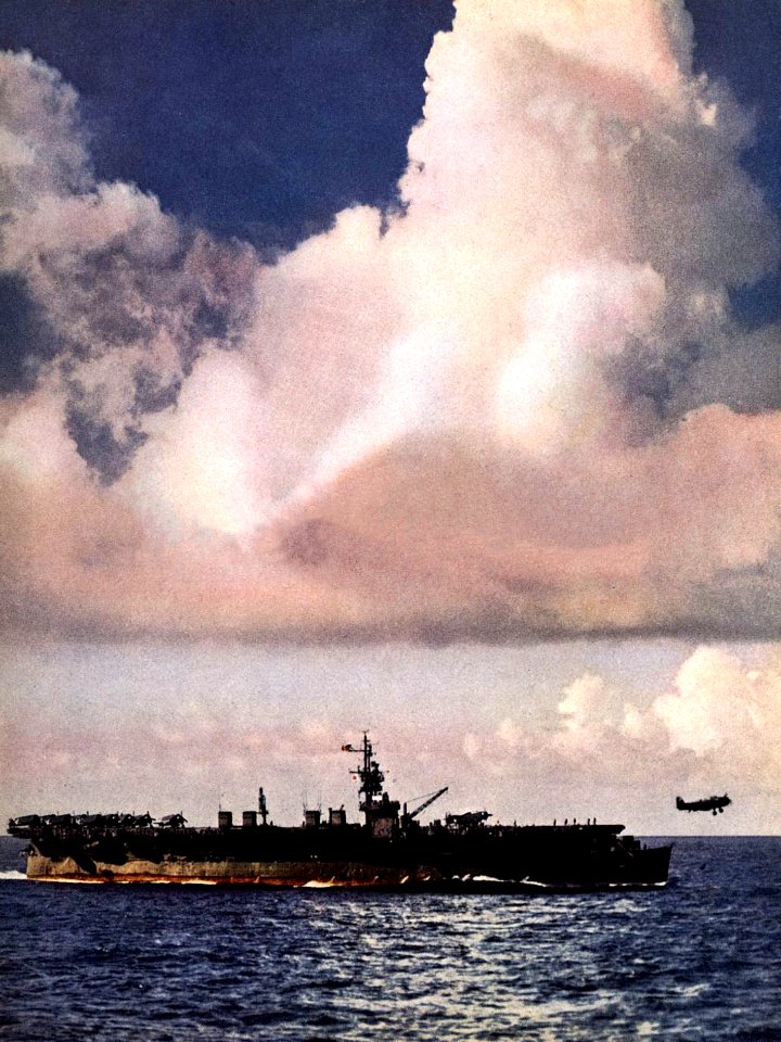 USS Belleau Wood (CVL-24) launches a Grumman TBF Avenger, in 1945