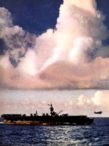 USS Belleau Wood (CVL-24) launches a Grumman TBF Avenger, in 1945