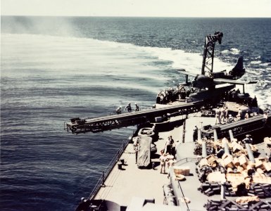 USS Biloxi (CL-80) about to catapult a Curtiss SO3C in 1943