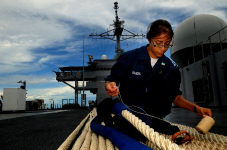 US Navy 090911-N-3830J-281 Seaman Crystal Rangel, assigned to the amphibious command ship USS Blue Ridge (LCC 19)