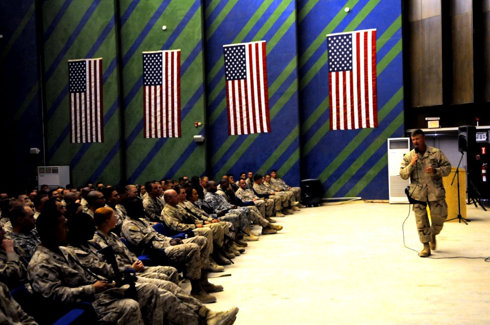US Navy 090908-N-9818V-251 Master Chief Petty Officer of the Navy (MCPON) Rick West holds an all-hands call with Sailors deployed to Al Asad Air Base