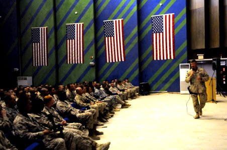 US Navy 090908-N-9818V-251 Master Chief Petty Officer of the Navy (MCPON) Rick West holds an all-hands call with Sailors deployed to Al Asad Air Base