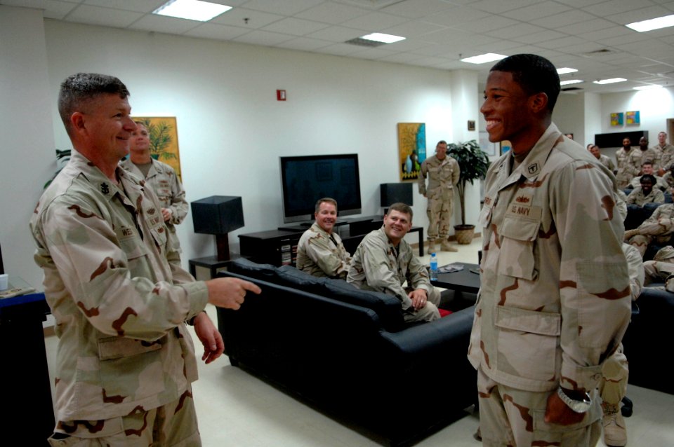 US Navy 090906-N-9818V-451 Master Chief Petty Officer of the Navy (MCPON) Rick West takes questions from Sailors during an all-hands call during a tour of Expeditionary Medical Facility Kuwait