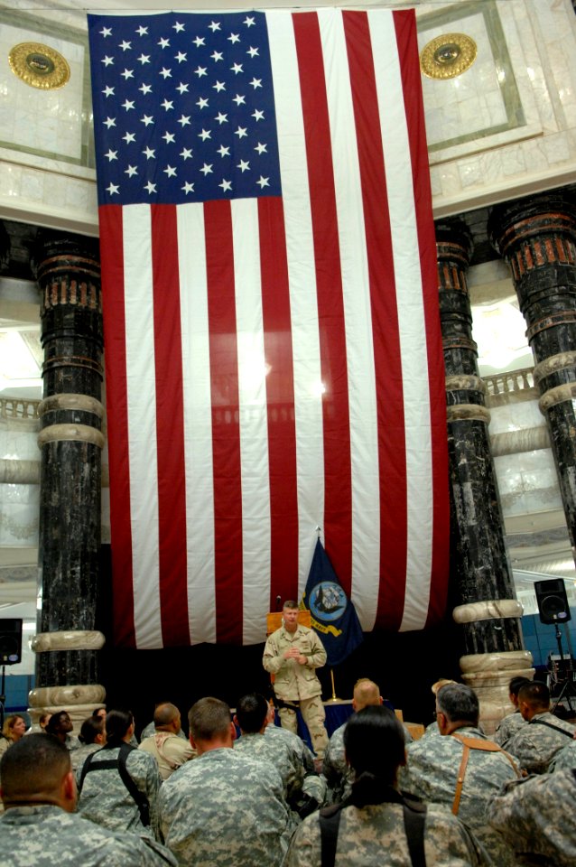 US Navy 090907-N-9818V-267 Master Chief Petty Officer of the Navy (MCPON) Rick West holds an all-hands call at the Al Faw Palace with Sailors deployed in Baghdad