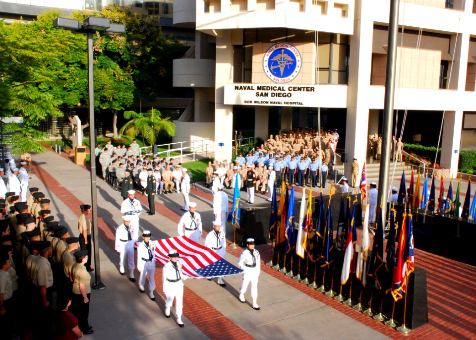US Navy 090911-N-6326B-038 Sailors assigned to Naval Medical Center San Diego (NMCSD) parade the national ensign during a Sept. 11 remembrance ceremony