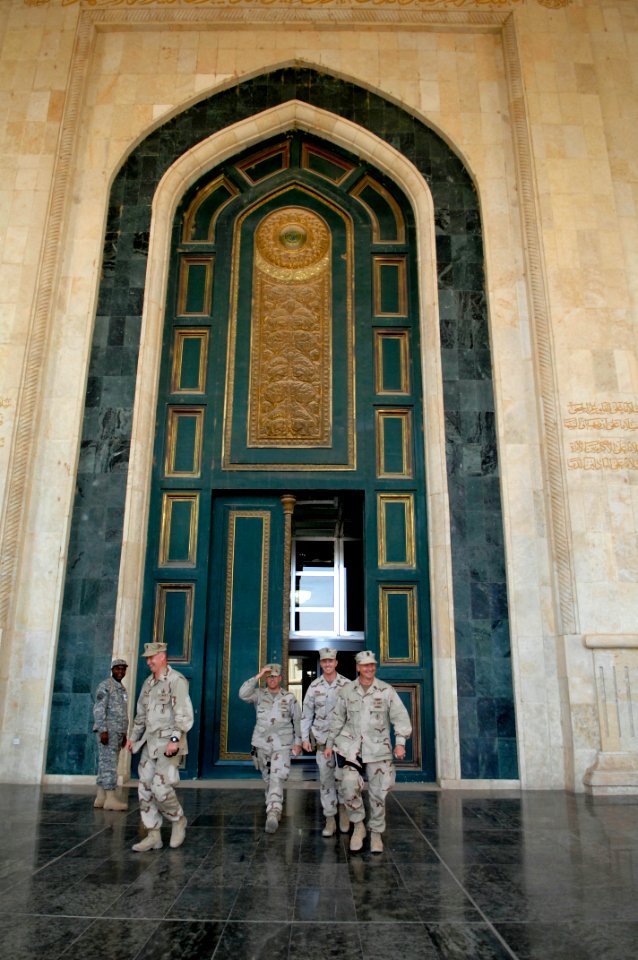 US Navy 090907-N-9818V-408 Master Chief Petty Officer of the Navy (MCPON) Rick West departs the Al Faw Palace after an all-hands call with Sailors deployed in Baghdad