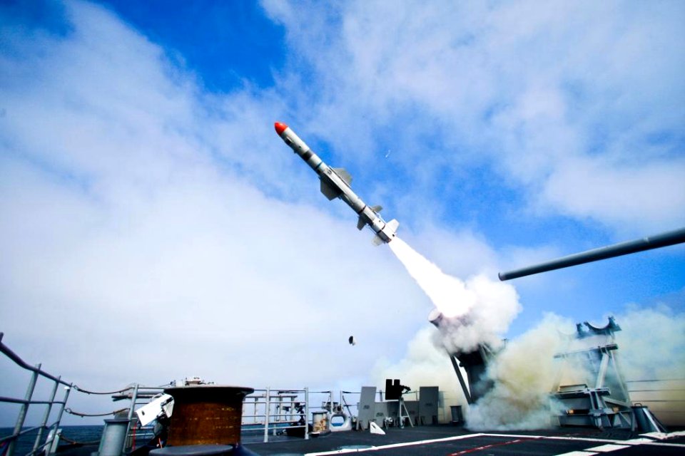 US Navy 090909-N-0000X-107 The Ticonderoga-class cruiser USS Princeton (CG 59) successfully launches a Block II Harpoon in the Naval Air Systems Command Sea Test Range off the coast of southern California