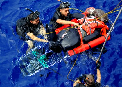 US Navy 090911-N-4399G-117 Search and rescue swimmers conduct a man overboard drill during seamanship training aboard the amphibious command ship USS Blue Ridge (LCC 19)