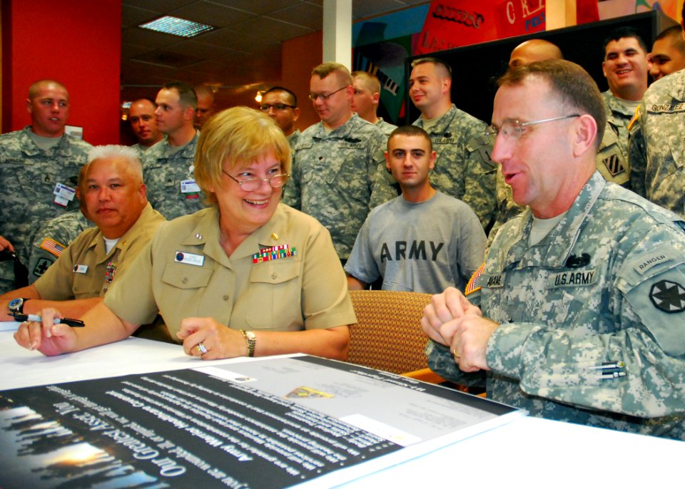 US Navy 090908-N-6326B-022 Rear Adm. Christine M. Bruzek-Kohler and Brig. Gen. Robert B. Abrams, sign the Warrior Healthcare Covenant to show continuous support for the wounded Soldiers