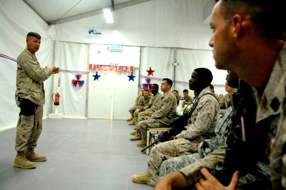 US Navy 090910-N-9818V-170 Master Chief Petty Officer of the Navy (MCPON) Rick West holds an all-hands call with Sailors deployed to Camp Leatherneck