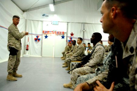 US Navy 090910-N-9818V-170 Master Chief Petty Officer of the Navy (MCPON) Rick West holds an all-hands call with Sailors deployed to Camp Leatherneck