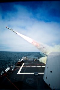US Navy 090909-N-0000X-108 The Ticonderoga-class cruiser USS Princeton (CG 59) successfully launches a Block II Harpoon in the Naval Air Systems Command Sea Test Range off the coast of southern California photo