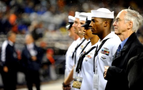 US Navy 090911-N-0413R-149 Sailors assigned to the amphibious transport dock ship Pre-Commisioning Unit (PCU) New York (LPD 21) and former Secretary of the Navy (SECNAV) the Honorable Gordon England are introduced during a pre