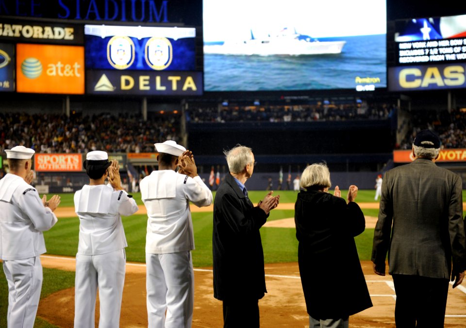 US Navy 090911-N-0413R-167 ailors assigned to Pre-Commissioning Unit (PCU) New York (LPD 21) and members of the commissioning committee are introduced during a pre-game ceremony at Yankee Stadium