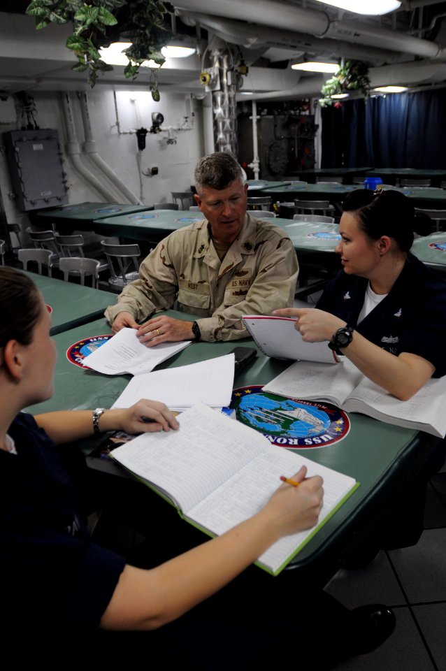 US Navy 090912-N-4995K-273 Master Chief Petty Officer of the Navy (MCPON) Rick West speaks with Mass Communication Specialist Seaman Apprentice Amanda Ray and Electrician's Mate 3rd Class Jessica Buchanan on the mess decks of t