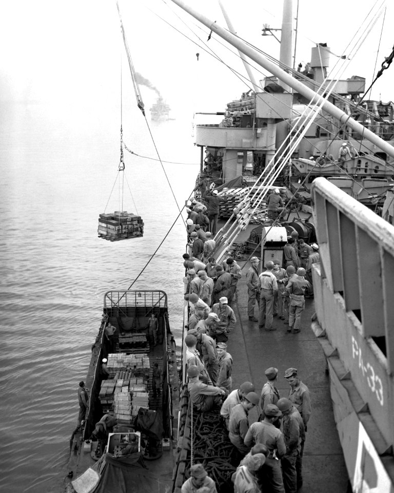 USS Bayfield (APA-33) loading ammunition 1950