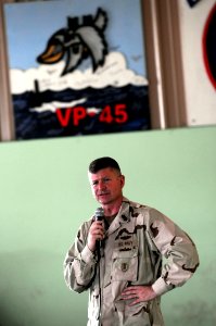 US Navy 090914-N-9818V-136 Master Chief Petty Officer of the Navy (MCPON) Rick West speaks during an all-hands call with Sailors deployed in Djibouti photo