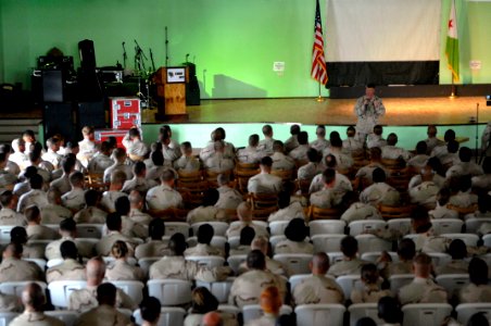 US Navy 090914-N-9818V-132 Master Chief Petty Officer of the Navy (MCPON) Rick West holds an all-hands call with Sailors deployed in Djibouti photo