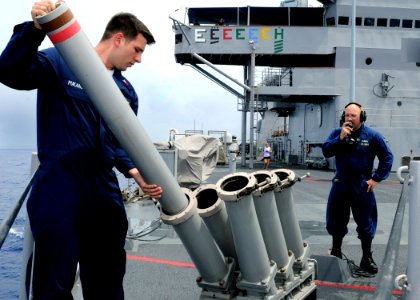 US Navy 090914-N-7478G-164 Intelligence Specialist 1st Class Michael Pukansky, assigned to the amphibious command ship USS Blue Ridge (LCC 19), loads the super rapid blooming offboard chaff launcher