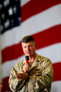 US Navy 090913-N-9818V-155 Master Chief Petty Officer of the Navy (MCPON) Rick West addresses Sailors in the hangar bay during an all-hands call aboard the aircraft carrier USS Ronald Reagan (CVN 76)