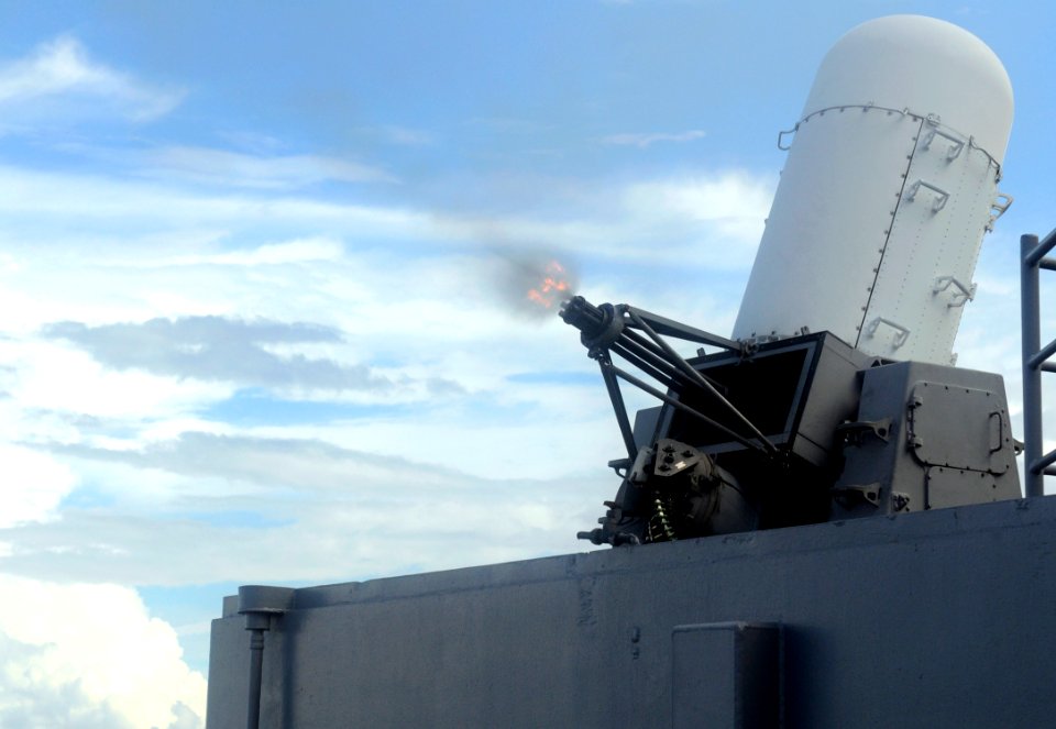 US Navy 090916-N-7280V-286 The amphibious command ship USS Blue Ridge (LCC 19) test-fires the Phalanx close-in weapons system (CIWS) while underway