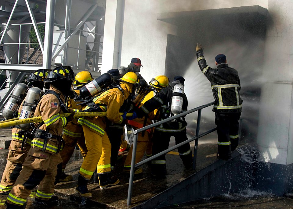 US Navy 090915-N-9573A-012 Chief selects stationed throughout the Korean peninsula participate in firefighting training with firefighters from Commander, U.S. Fleet Activities Chinhae and the Republic of Korea navy